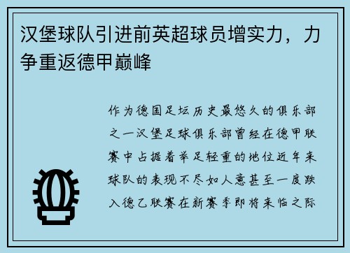 汉堡球队引进前英超球员增实力，力争重返德甲巅峰